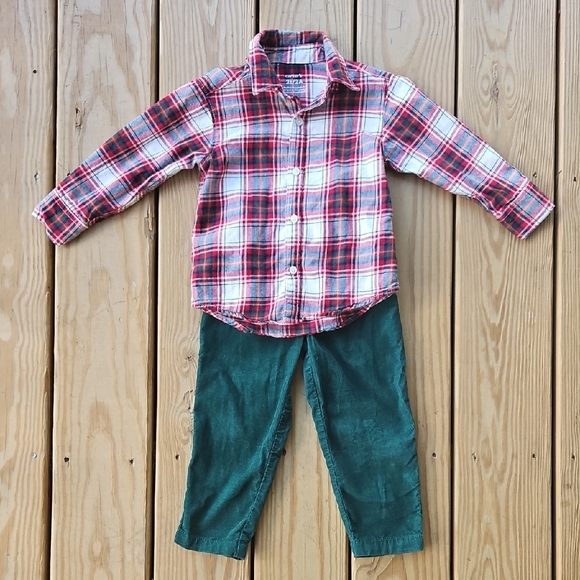 Carter’s Boys 2T Holiday Outfit – Plaid Flannel Shirt & Green Corduroy Pants - Picture 1 of 11
